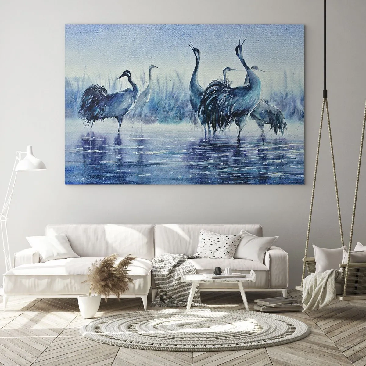 Impression sur verre - Image sur verre - Oiseaux pataugeant dans l'eau bleue - 120x80cm - Réunion matinale - Décoration murale moderne pour le salon et la chambre ARTTOR