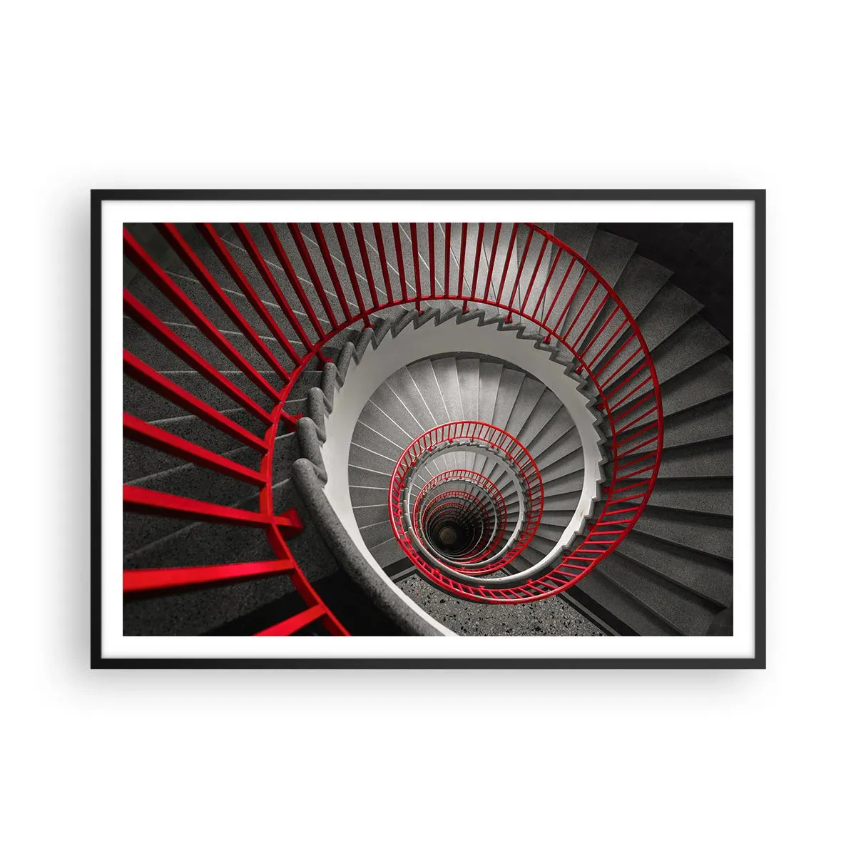 Affiche dans un cadre noir - Poster - Escalier en colimaçon avec rampes rouges dans une perspective dynamique - 100x70cm - Amusement architectural - Décoration murale moderne pour le salon et la chambre ARTTOR