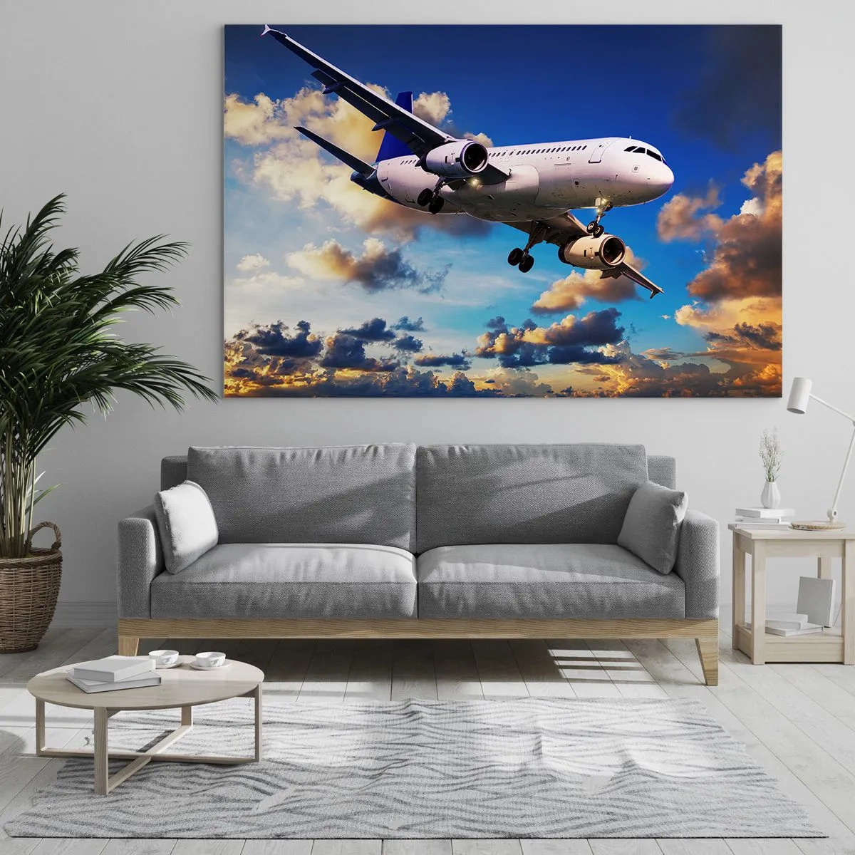 Impression sur verre - Image sur verre - Un avion en vol contre un ciel pittoresque - 120x80cm - Un voyage en blanc et bleu ciel - Décoration murale moderne pour le salon et la chambre ARTTOR