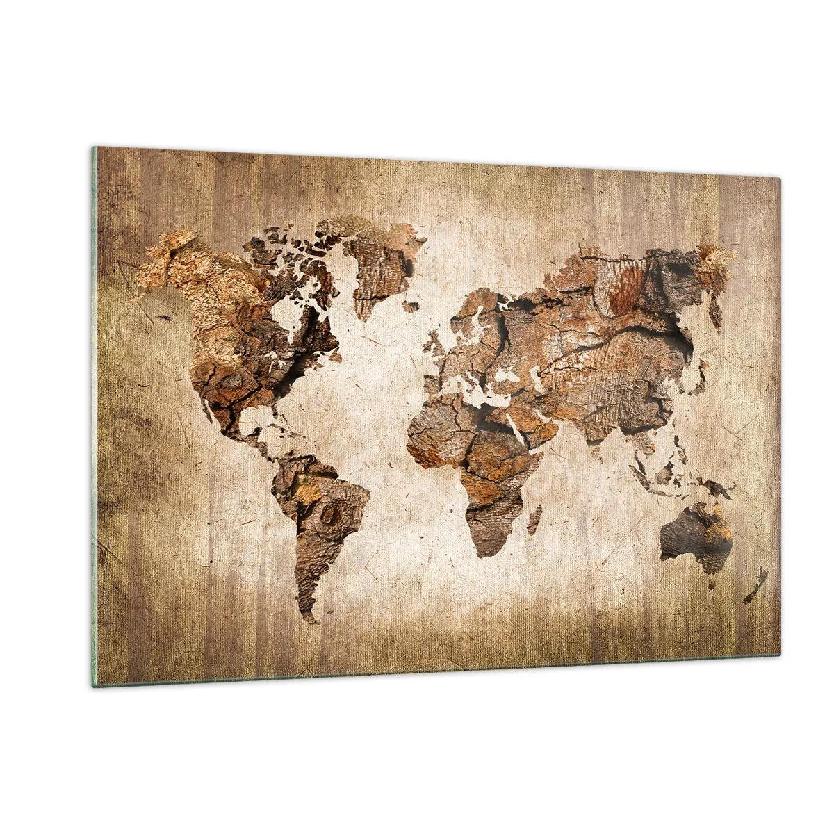 Impression sur verre - Image sur verre - Une carte du monde aux tons bruns imitant le bois - 120x80cm - Découverte du monde - Décoration murale moderne pour le salon et la chambre ARTTOR
