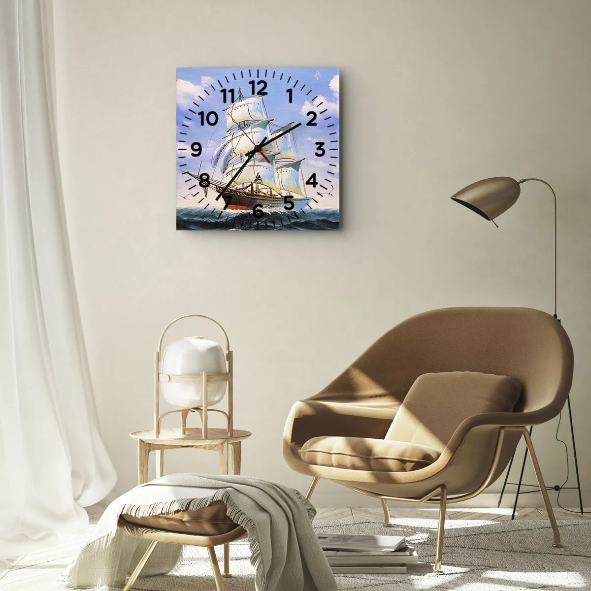 Horloge murale - Pendule murale - Un voilier en pleine mer sous un ciel bleu - 30x30cm - Fièrement avec le vent - Décoration murale moderne pour le salon et la chambre ARTTOR