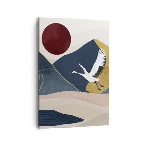 Impression sur toile - Image sur toile - Grues en vol sur fond de montagnes et de soleil rouge - 50x70cm - Encore une fois, la journée s'est ÉCOULÉE - Décoration murale moderne pour le salon et la chambre ARTTOR