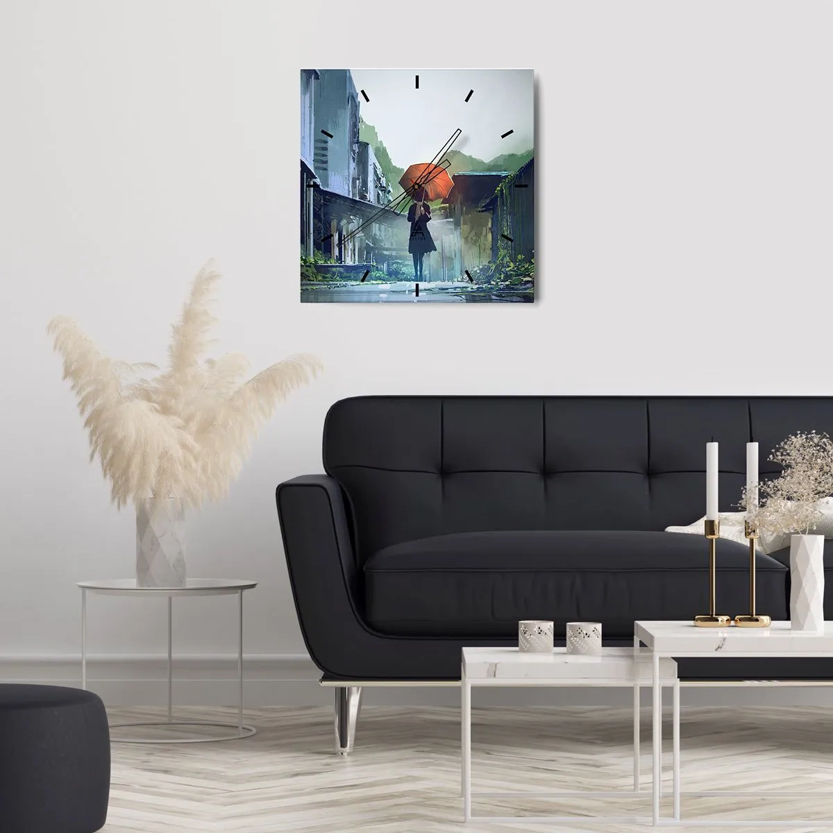 Horloge murale - Pendule murale - Une silhouette avec un parapluie dans une ville pluvieuse - 30x30cm - Pluie vivifiante - Décoration murale moderne pour le salon et la chambre ARTTOR