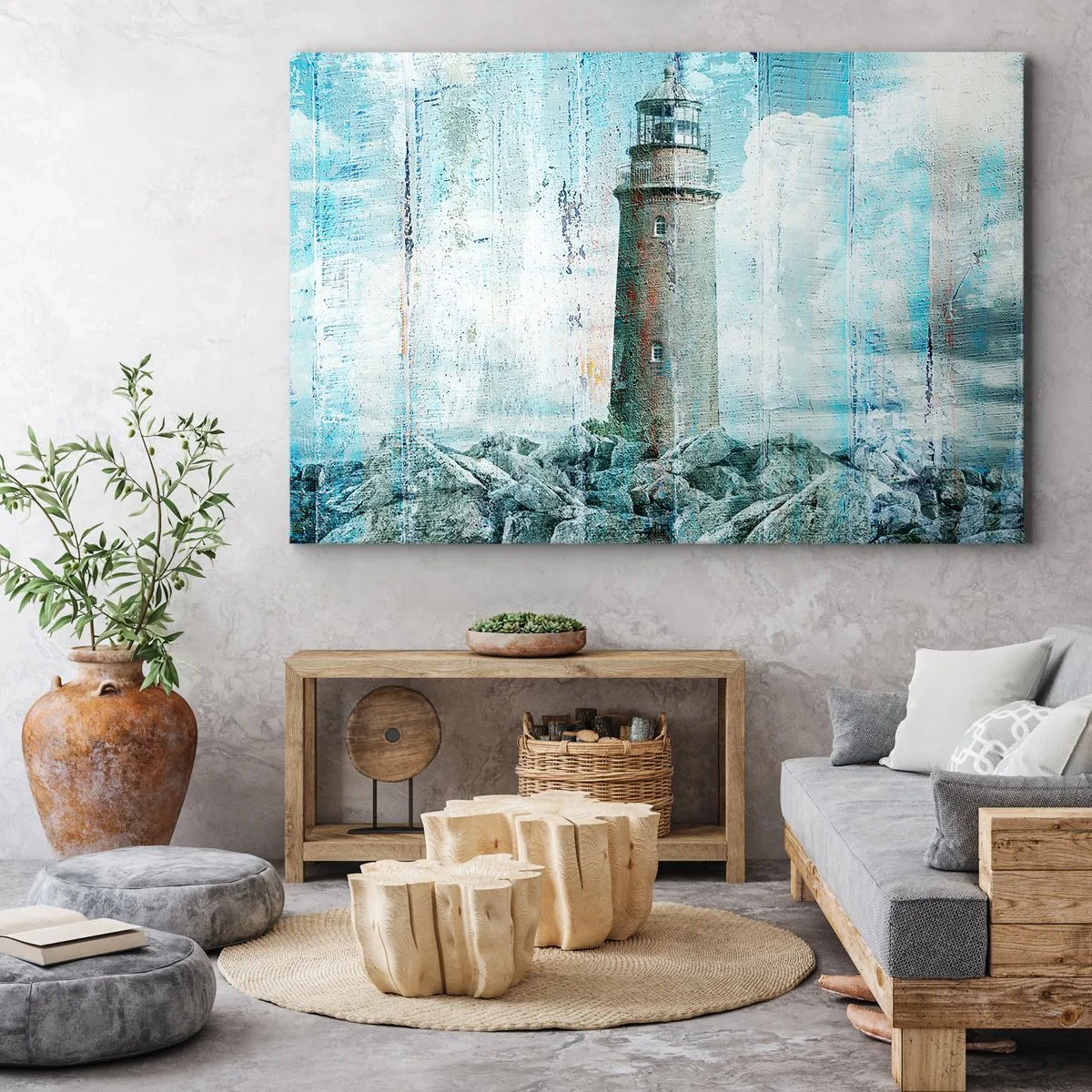 Impression sur toile - Image sur toile - Un phare sur une côte rocheuse aux couleurs pastel - 70x50cm - Sur du vieux bois - Décoration murale moderne pour le salon et la chambre ARTTOR