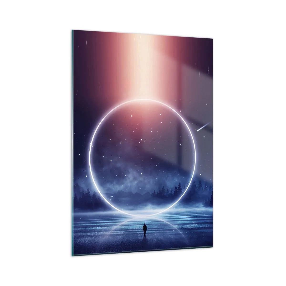 Impression sur verre - Image sur verre - Un cercle de lumière au-dessus du lac parmi le ciel nocturne et la forêt - 50x70cm - Ils sont déjà là... - Décoration murale moderne pour le salon et la chambre ARTTOR