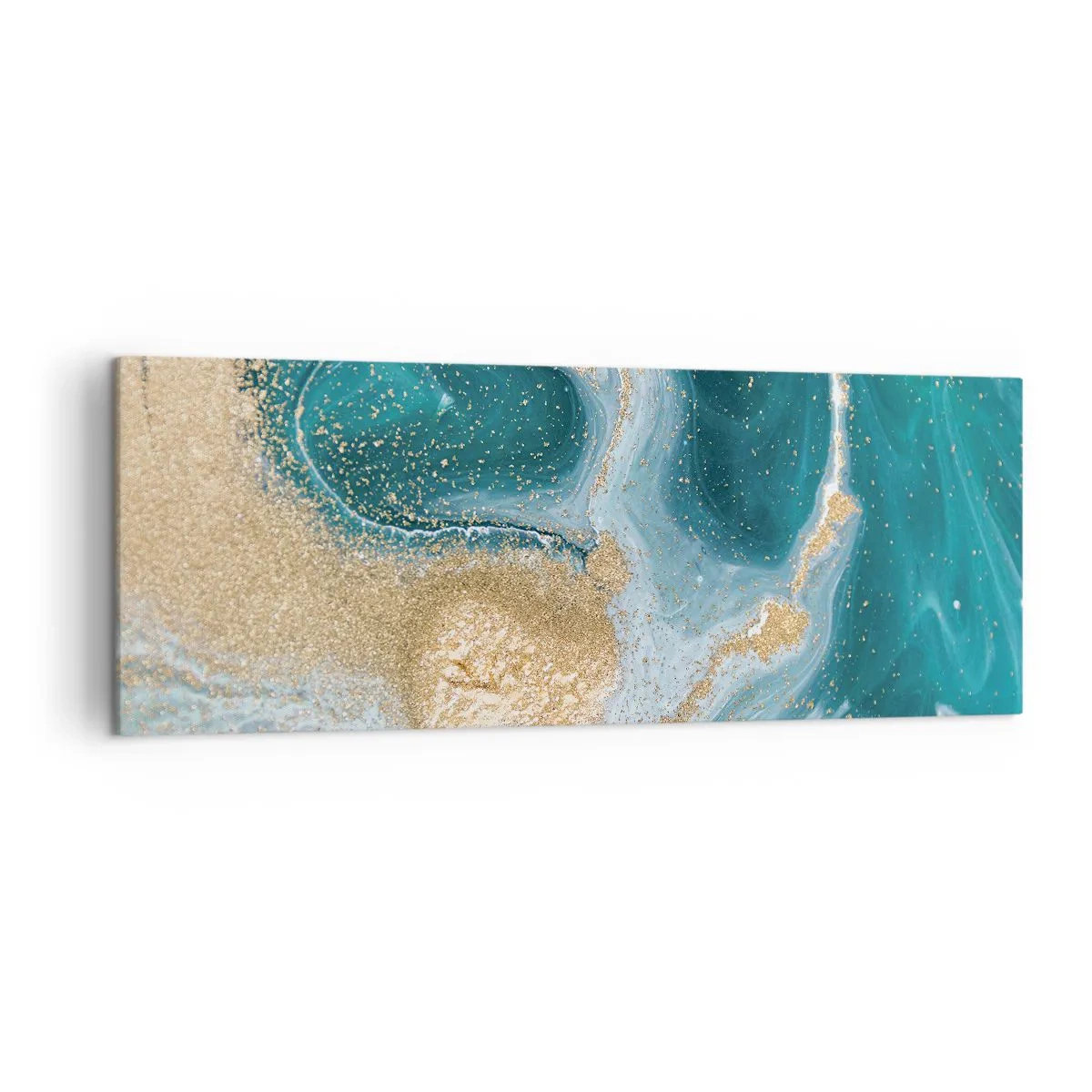 Impression sur toile - Image sur toile - Tourbillon abstrait dans les tons turquoise et or - 140x50cm - Tourbillon d'or et de turquoise - Décoration murale moderne pour le salon et la chambre ARTTOR