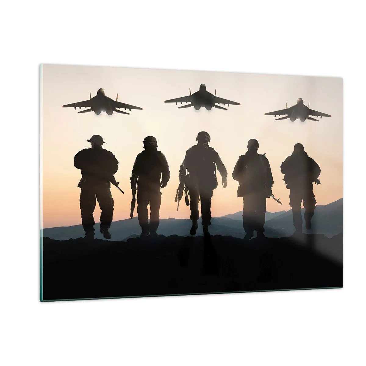 Impression sur verre - Image sur verre - Soldats sur fond de soleil couchant et de jets - 120x80cm - Bienvenue dans notre monde - Décoration murale moderne pour le salon et la chambre ARTTOR