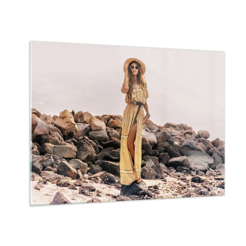 Impression sur verre - Image sur verre - Une femme dans une robe de style bohème contre un rivage rocheux - 70x50cm - La magie des pierres - Décoration murale moderne pour le salon et la chambre ARTTOR