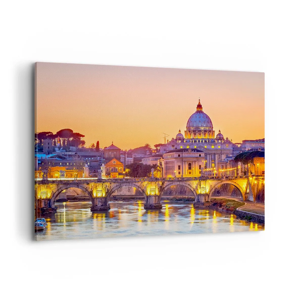 Impression sur toile - Image sur toile - Panorama du Vatican au coucher du soleil avec un pont sur la rivière - 100x70cm - Coucher de soleil sur la ville éternelle - Décoration murale moderne pour le salon et la chambre ARTTOR