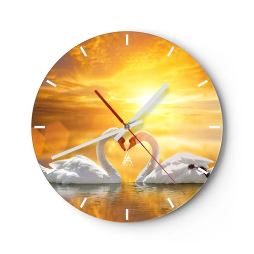 Horloge murale - Pendule murale - Deux cygnes formant un cœur contre un ciel doré - 30x30cm - Le coeur est le plus beau mot du monde… - Décoration murale moderne pour le salon, la cuisine et la chambre ARTTOR