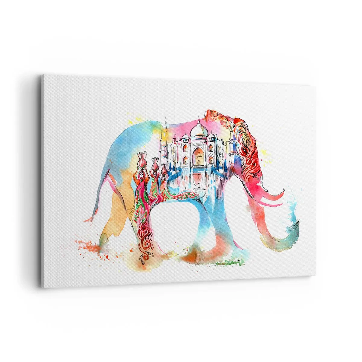 Impression sur toile - Image sur toile - Aquarelle colorée d'un éléphant avec un motif du Taj Mahal - 120x80cm - Inde - l'aura de l'amour - Décoration murale moderne pour le salon et la chambre ARTTOR