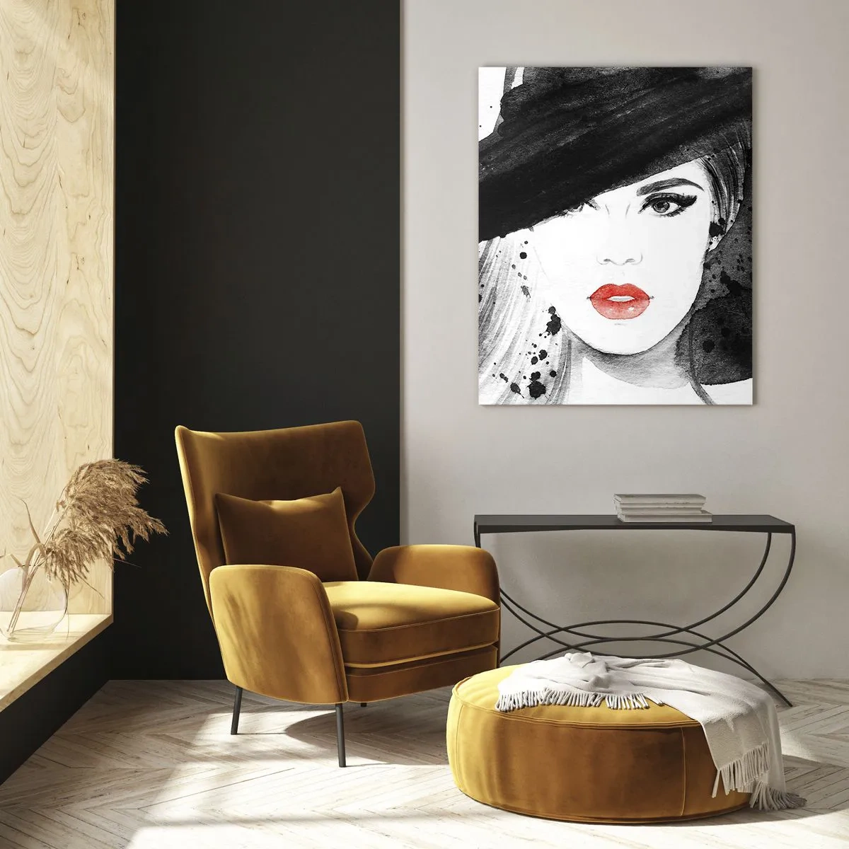 Impression sur verre - Image sur verre - Portrait d'une femme au chapeau noir et aux lèvres rouges - 50x70cm - Dame en noir - Décoration murale moderne pour le salon et la chambre ARTTOR