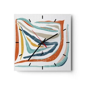 Horloge murale - Pendule murale - Lignes colorées et dynamiques dans les tons de bleu, orange et beige - 30x30cm - Abstraction avec un sourire amical - Décoration murale moderne pour le salon et la chambre ARTTOR