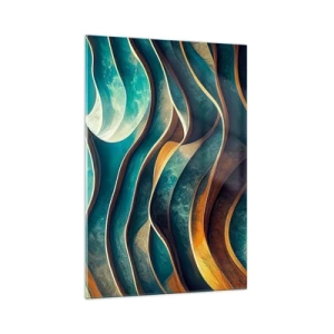 Impression sur verre - Image sur verre - Vagues abstraites dans des tons turquoise et or - 70x100cm - Méandres de bleu - Décoration murale moderne pour le salon et la chambre ARTTOR