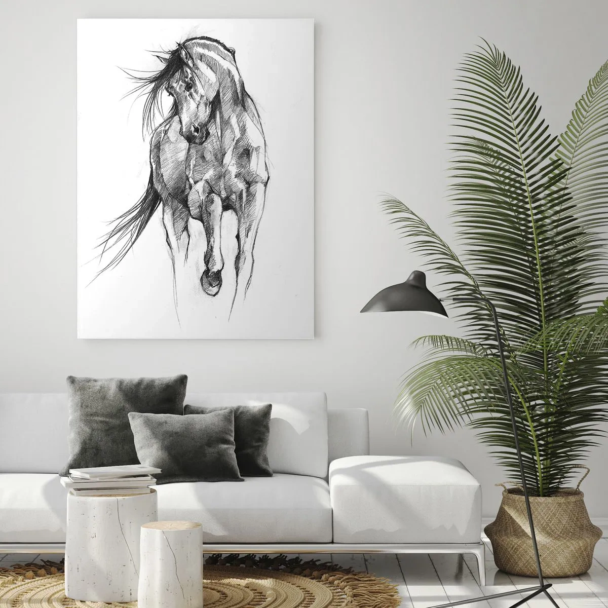 Impression sur verre - Image sur verre - Croquis en noir et blanc d'un cheval au galop - 80x120cm - D'un trot gracieux - Décoration murale moderne pour le salon et la chambre ARTTOR