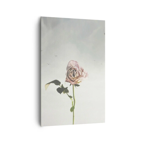 Impression sur toile - Image sur toile - Une rose délicate contre un ciel lumineux avec des oiseaux en vol - 80x120cm - Bonjour de printemps - Décoration murale moderne pour le salon et la chambre ARTTOR