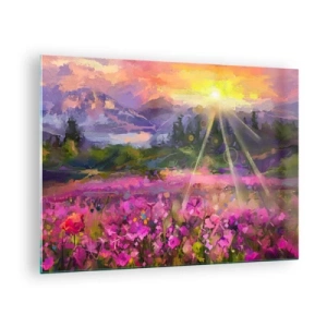 Impression sur verre - Image sur verre - Une vallée pittoresque pleine de fleurs illuminées par les rayons du soleil - 70x50cm - Dans la vallée à l'abri du soleil - Décoration murale moderne pour le salon et la chambre ARTTOR