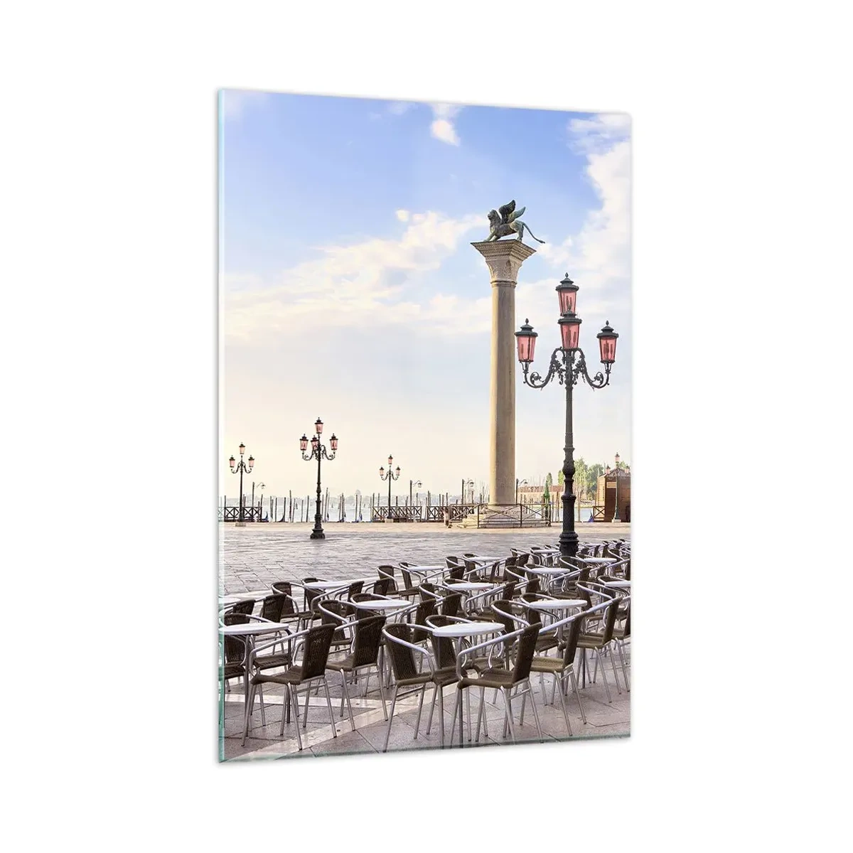 Impression sur verre - Image sur verre - Venise, vue de la place avec des colonnes et des tables de café - 80x120cm - Nous vous invitons, tout est prêt - Décoration murale moderne pour le salon et la chambre ARTTOR