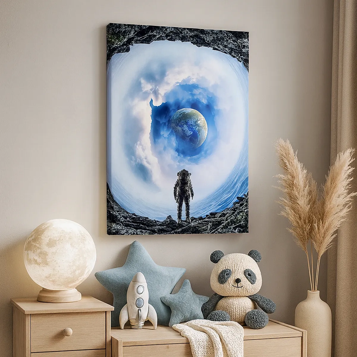 Impression sur toile - Image sur toile - Astronaute devant un paysage spatial avec la Terre en arrière-plan - 50x70cm - Plus très loin de la maison - Décoration murale moderne pour le salon et la chambre ARTTOR