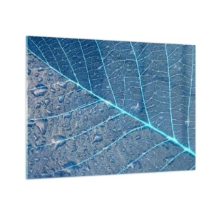 Impression sur verre - Image sur verre - Macrophotographie d'une feuille avec des gouttes d'eau dans des tons de bleu - 70x50cm - La vie en bleu - Décoration murale moderne pour le salon et la chambre ARTTOR