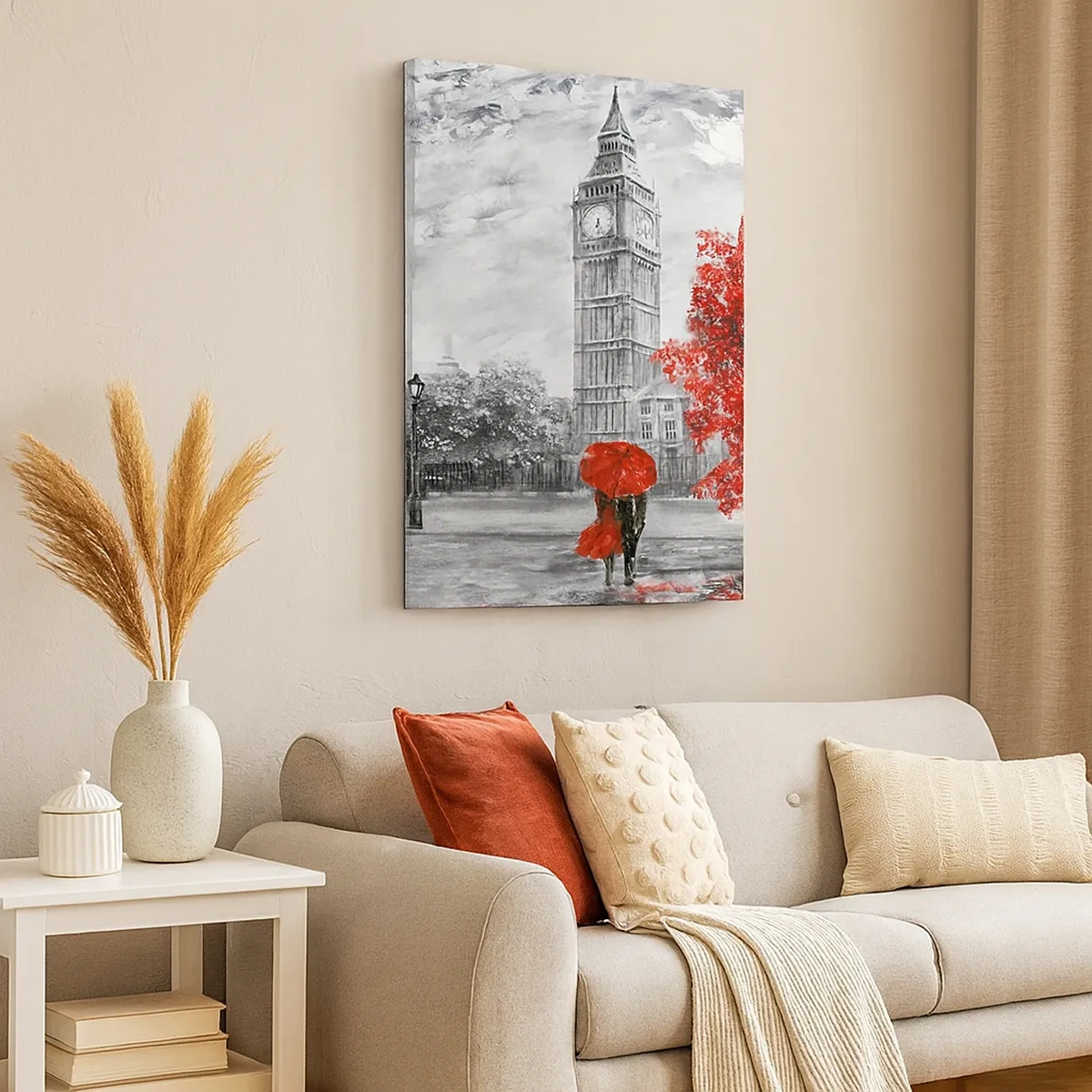 Impression sur toile - Image sur toile - Vue emblématique de Londres avec Big Ben, un bus rouge et un parapluie - 50x70cm - Une journée passionnante - Décoration murale moderne pour le salon et la chambre ARTTOR