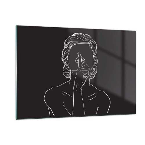 Impression sur verre - Image sur verre - Une silhouette minimaliste d'une femme faisant un geste de silence. - 120x80cm - La beauté s'épanouit en silence - Décoration murale moderne pour le salon et la chambre ARTTOR