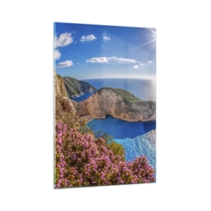 Impression sur verre - Image sur verre - Une falaise fleurie, une mer turquoise et un paysage grec ensoleillé - 80x120cm - Mes super vacances grecques - Décoration murale moderne pour le salon et la chambre ARTTOR