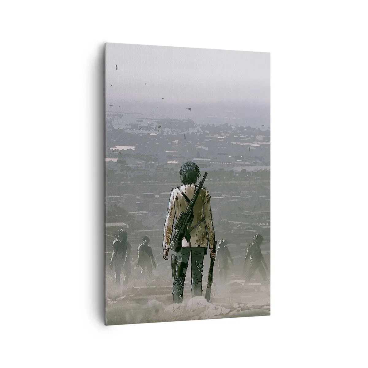 Impression sur toile - Image sur toile - Une silhouette avec une arme se tient devant un groupe dans un paysage dystopique. - 80x120cm - Dernier samaritain ? - Décoration murale moderne pour le salon et la chambre ARTTOR