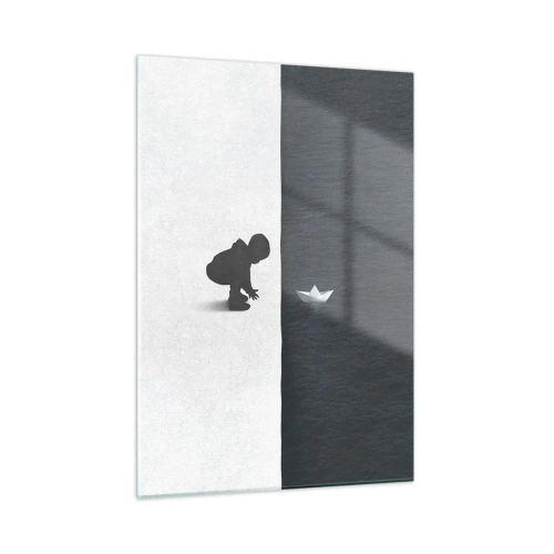 Impression sur verre - Image sur verre - Silhouette d'un enfant lançant un bateau en papier dans l'eau - 50x70cm - Grande expédition - Décoration murale moderne pour le salon et la chambre ARTTOR