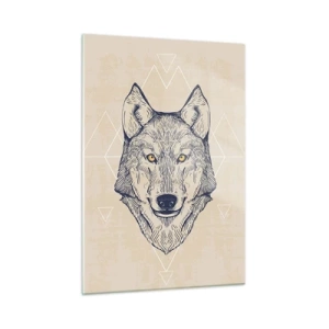 Impression sur verre - Image sur verre - Tête de loup sur fond de motifs géométriques - 50x70cm - Un alpha au regard pénétrant - Décoration murale moderne pour le salon et la chambre ARTTOR