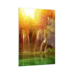 Impression sur verre - Image sur verre - Cascades dans une forêt ensoleillée avec de l'eau turquoise - 50x70cm - Au soleil et à l'ombre - Décoration murale moderne pour le salon et la chambre ARTTOR