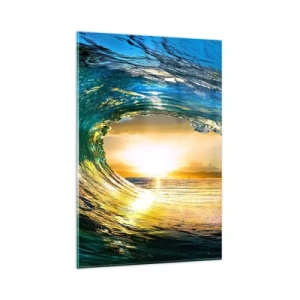 Impression sur verre - Image sur verre - Vague de l'océan au soleil avec vue sur l'horizon - 80x120cm - Dans un éclat émeraude-or - Décoration murale moderne pour le salon et la chambre ARTTOR