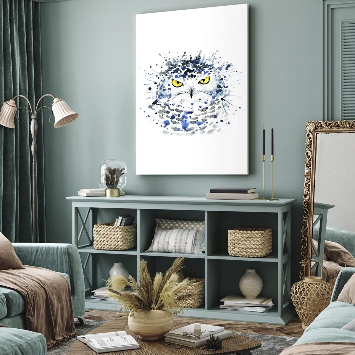 Impression sur toile - Image sur toile - Portrait abstrait d'un hibou aux couleurs bleu et jaune - 80x120cm - Droit dans les yeux - Décoration murale moderne pour le salon et la chambre ARTTOR
