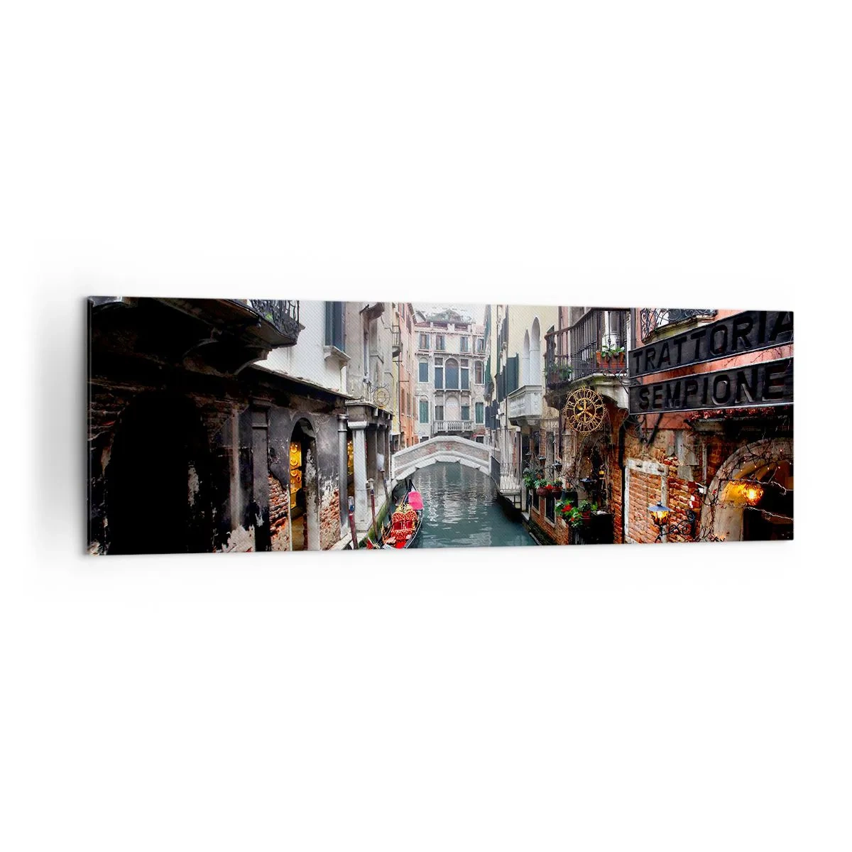 Impression sur toile - Image sur toile - Un canal à Venise avec une gondole et des bâtiments historiques - 160x50cm - Paysage vénitien avec une gondole et un pont - Décoration murale moderne pour le salon et la chambre ARTTOR
