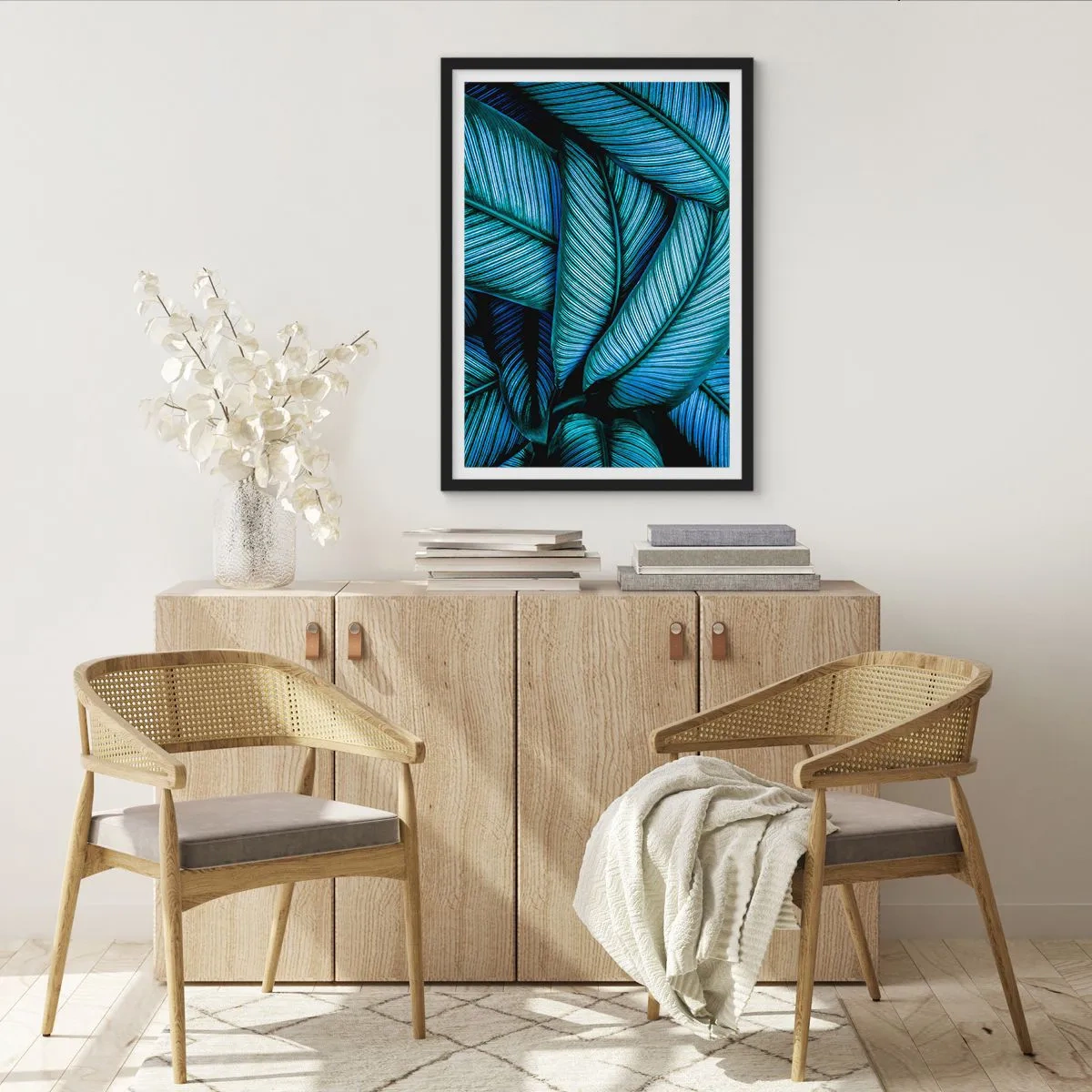 Affiche dans un cadre noir - Poster - Les fascinantes feuilles bleu-vert du bananier - 50x70cm - Lignes de vie - Décoration murale moderne pour le salon et la chambre ARTTOR