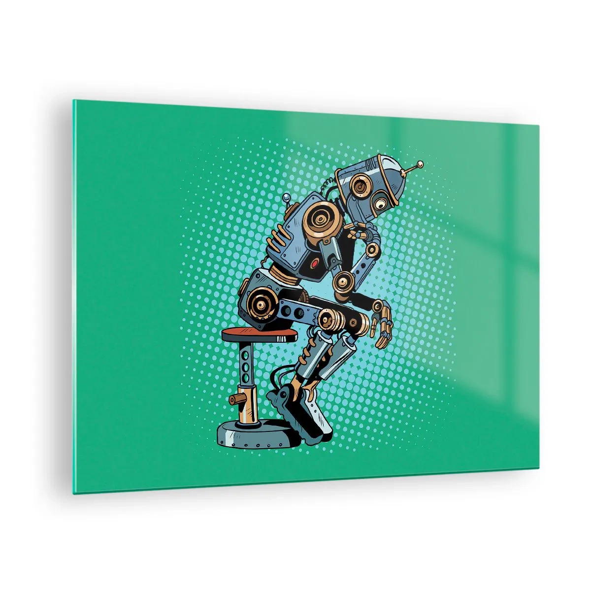 Impression sur verre - Image sur verre - Un robot penseur sur un fond de motif pop art vert. - 70x50cm - Au-dessus de l'essence de l'être - Décoration murale moderne pour le salon et la chambre ARTTOR