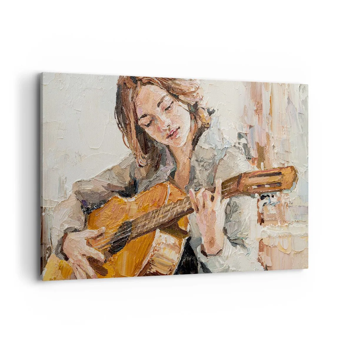 Impression sur toile - Image sur toile - Portrait d'une fille jouant de la guitare dans un style pictural aux couleurs chaudes. - 120x80cm - Concerto pour guitare et coeur de fille - Décoration murale moderne pour le salon et la chambre ARTTOR