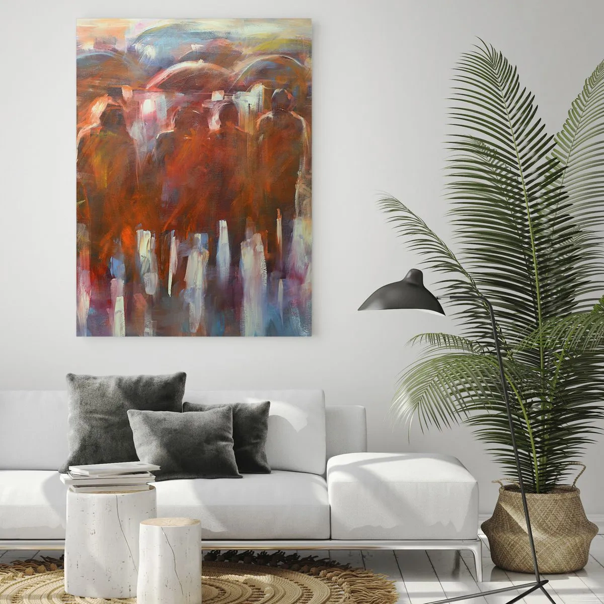Impression sur verre - Image sur verre - Une foule de personnes avec des parapluies dans un décor pluvieux et artistique - 80x120cm - Identiques sous la pluie et dans le brouillard - Décoration murale moderne pour le salon et la chambre ARTTOR