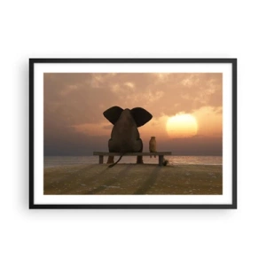 Affiche dans un cadre noir - Poster - Un éléphant et un chien sont assis sur un banc sur la plage au coucher du soleil. - 70x50cm - C'est bon de garder le silence ensemble - Décoration murale moderne pour le salon et la chambre ARTTOR