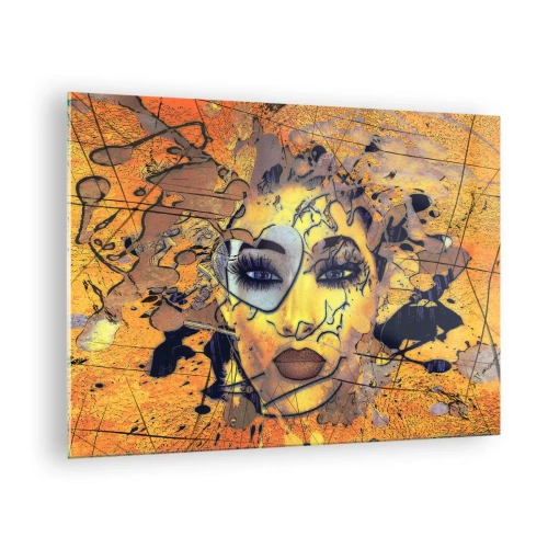 Impression sur verre - Image sur verre - Visage de femme abstrait dans des tons orangés dorés - 70x50cm - Beauté ensoleillée - Décoration murale moderne pour le salon et la chambre ARTTOR