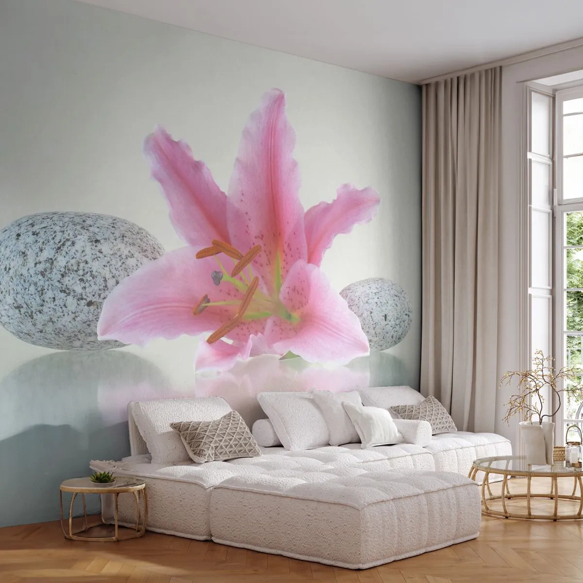Papier Peint Photo Premium Canvas - Étude de rose, gris et blanc - Fleurs, Lis, Des pierres - 400x280 cm