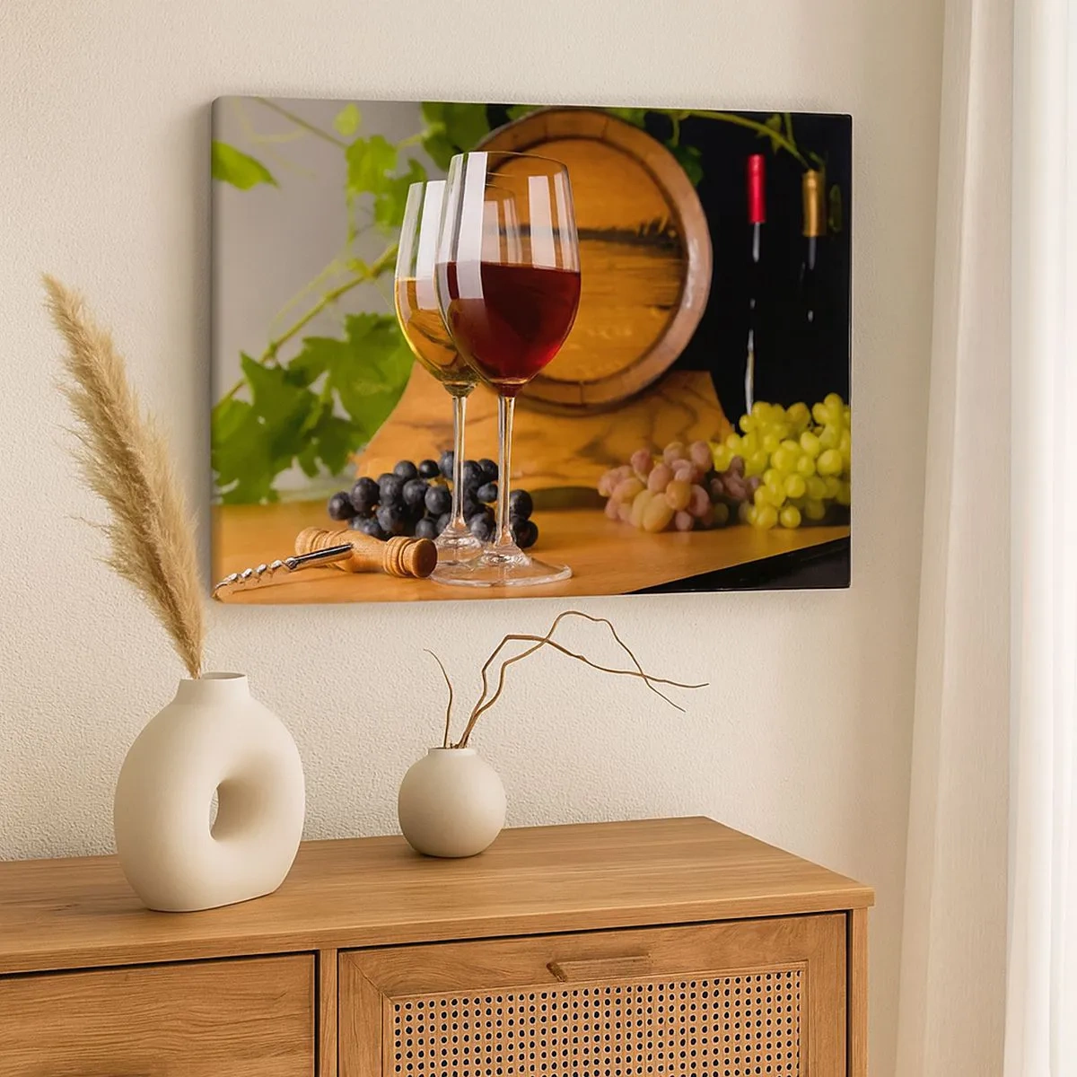 Impression sur toile - Image sur toile - Verres de vin avec des raisins, un tonneau et des bouteilles sur une table en bois - 70x50cm - Comme les vieux maîtres - Décoration murale moderne pour le salon et la chambre ARTTOR