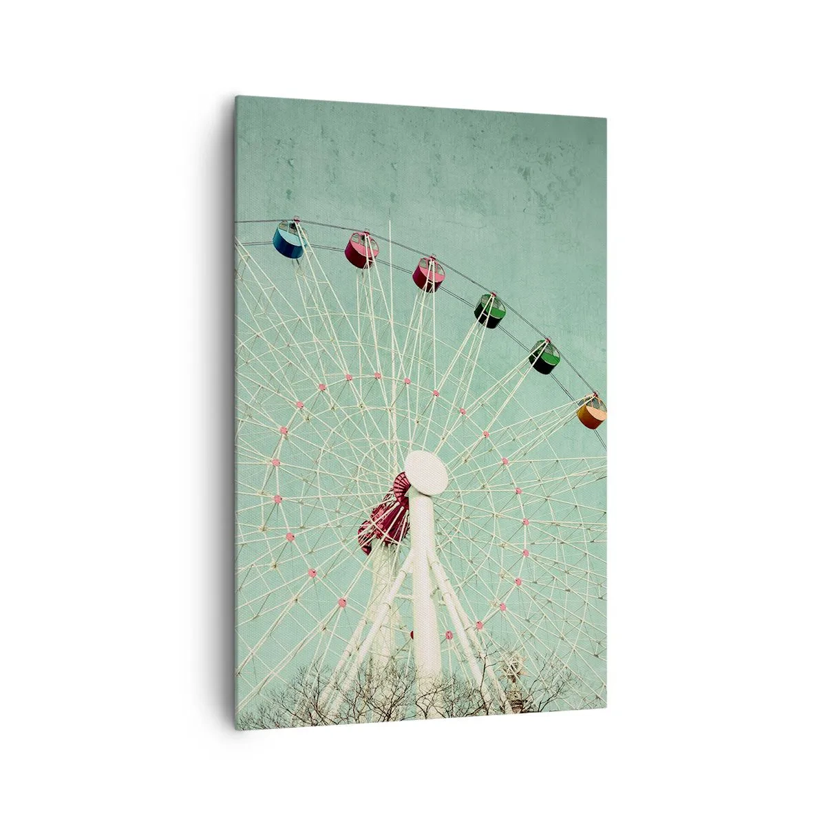 Impression sur toile - Image sur toile - Une grande roue colorée contre un ciel bleu dans un style rétro - 80x120cm - Nous vous invitons à vous amuser - Décoration murale moderne pour le salon et la chambre ARTTOR