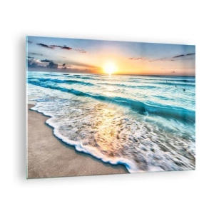Impression sur verre - Image sur verre - Plage le matin avec vagues et lever de soleil - 70x50cm - Une vue qui en vaut la peine - Décoration murale moderne pour le salon et la chambre ARTTOR