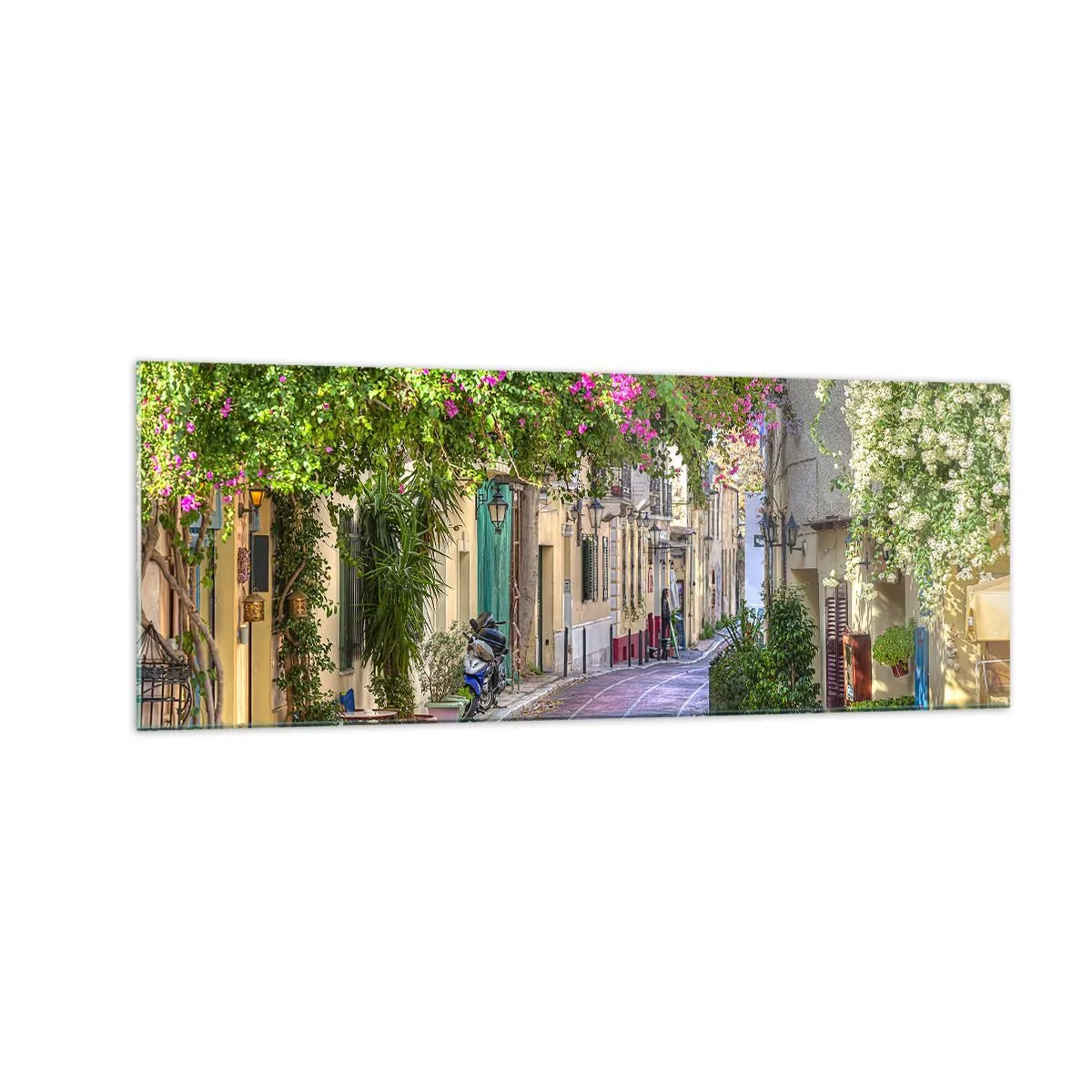 Impression sur verre - Image sur verre - Une charmante rue avec des vignes fleuries et des tables de café - 140x50cm - Allée fleurie - Décoration murale moderne pour le salon et la chambre ARTTOR