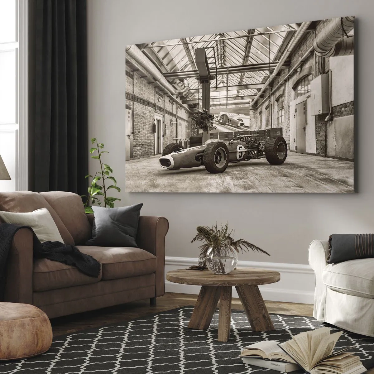 Impression sur toile - Image sur toile - Voiture de course noire et blanche dans un intérieur industriel - 100x70cm - Le repos du guerrier - Décoration murale moderne pour le salon et la chambre ARTTOR