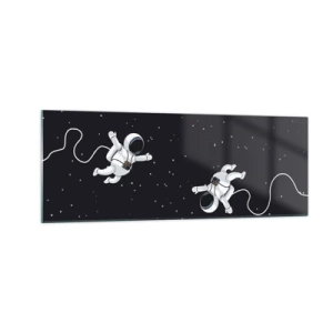 Impression sur verre - Image sur verre - Des astronautes flottant dans l'espace sur fond d'étoiles - 140x50cm - Sortie cosmique - Décoration murale moderne pour le salon et la chambre ARTTOR