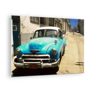 Impression sur verre - Image sur verre - Voiture bleue vintage dans la rue au soleil - 70x50cm - Et vive Cuba ! - Décoration murale moderne pour le salon et la chambre ARTTOR