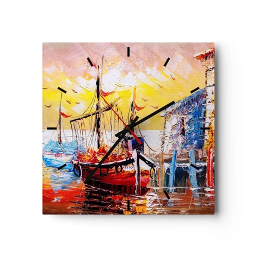 Horloge murale - Pendule murale - Port pittoresque au coucher du soleil avec des bateaux de pêche - 30x30cm - Bon retour - Décoration murale moderne pour le salon et la chambre ARTTOR