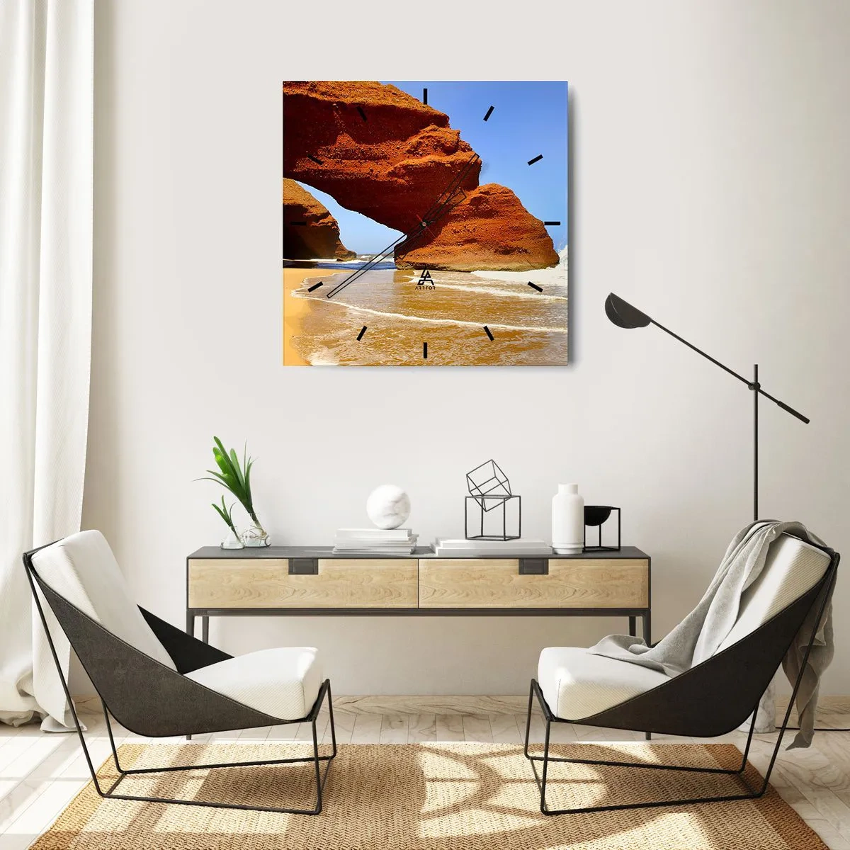 Horloge murale - Pendule murale - Une arche rocheuse naturelle sur une plage avec un ciel bleu et des vagues - 30x30cm - L'eau et le vent depuis des milliers d'années - Décoration murale moderne pour le salon et la chambre ARTTOR
